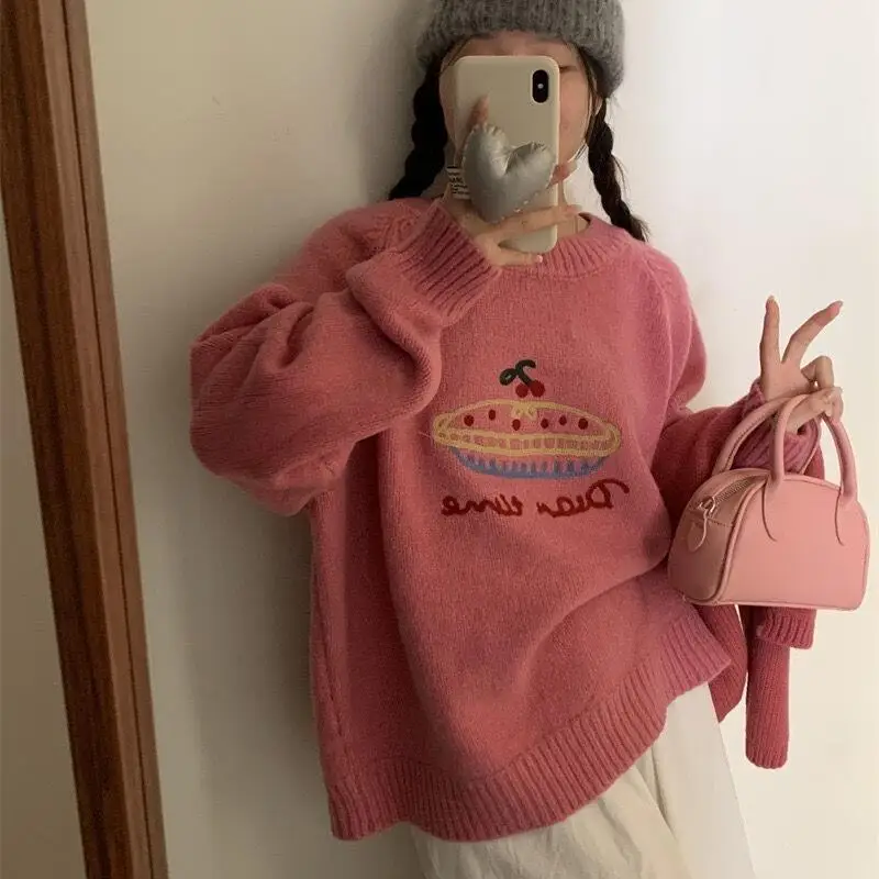 Suéter de niña Otoño Invierno dulce nuevo perezoso mantener caliente pulóver lindo bordado Tops suelto minimalista suave y pegajoso prendas de punto