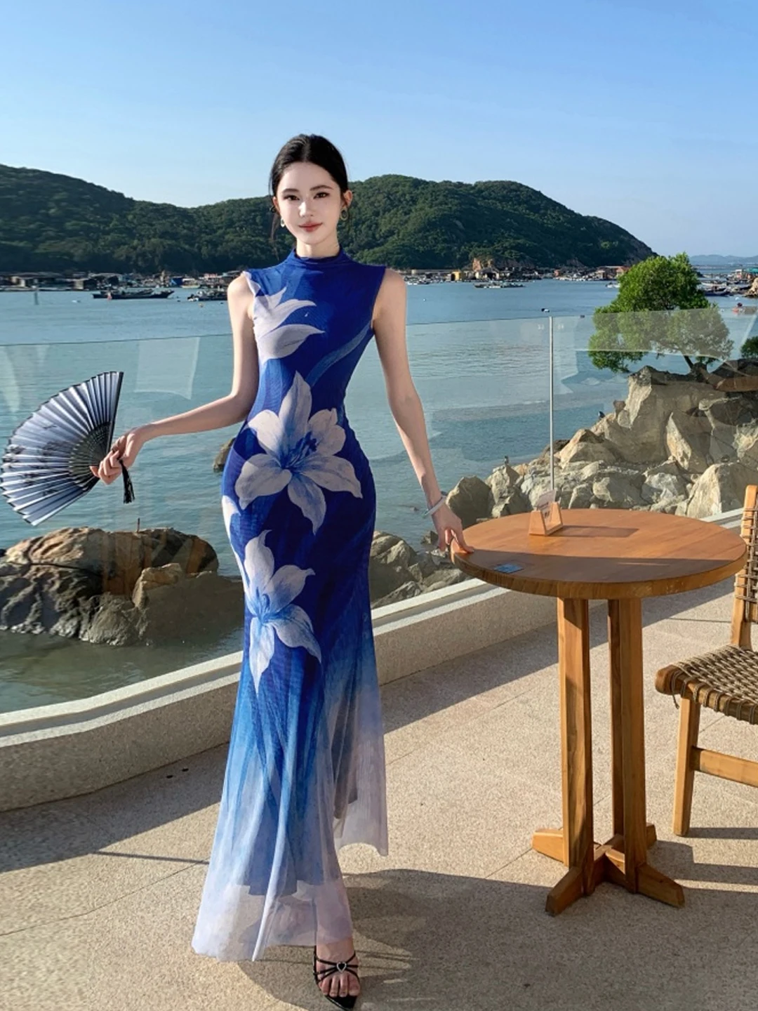 Bleu adient imprimé Fi Tail Qipao Dr Ele haut de gamme ajustement et jupe longue évasée Sle femmes été Faion respirant moi