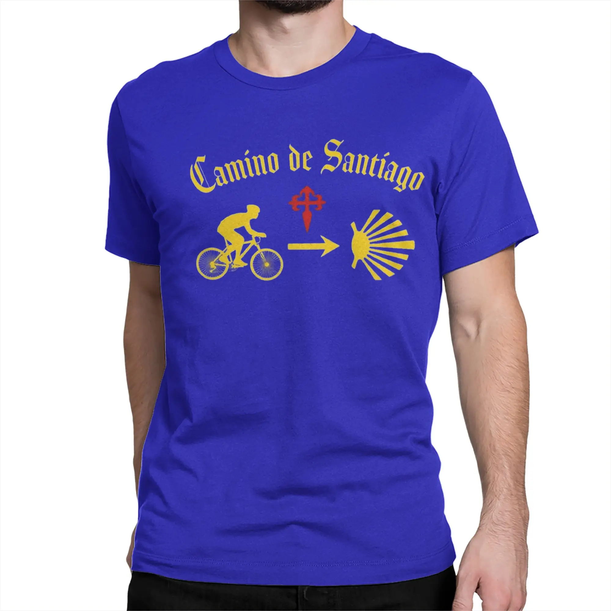 Men Women's Camino de Santiago Bicycle Yellow Arrow Scallop T Shirt  100% Cotton Clothing O Neck Tee Shirt Plus Size T-Shirts