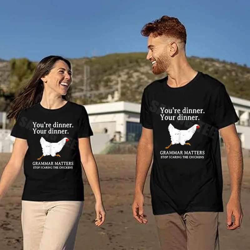 

Grammar Matters Stop Scaring The Chickens T-Shirt Y2k Humor Farmer Graphic Sarcastic Joke Saying Tee Dinner Chicken Novelty Gift