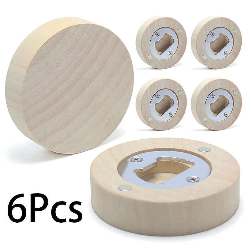 

6Pcs Round Wooden Beer Bottle Opener with Magnet Wooden Refrigerator Magnet Bottle Opener for Kitchen Gathering Party