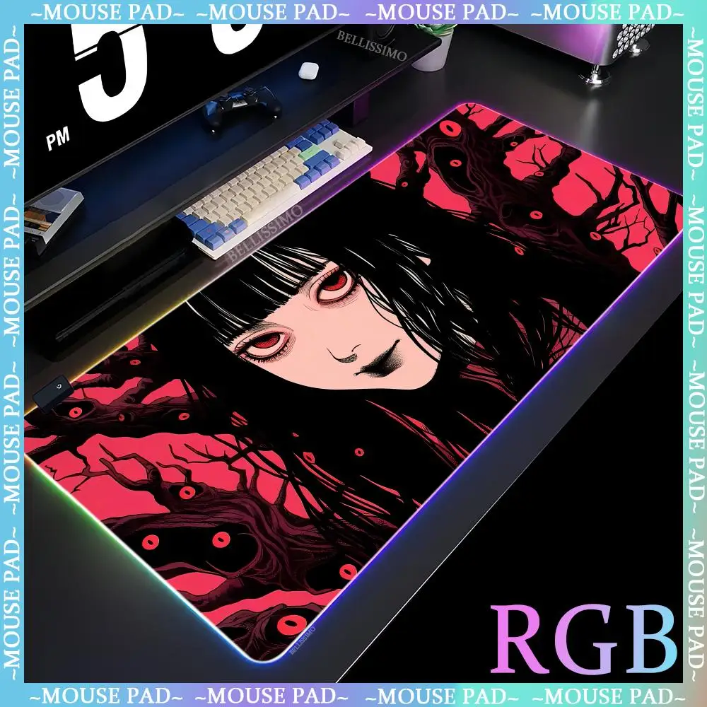 

RGB Anime Horror Girl HD MousePad Gamer Office Pad Black Pad Luminous Game Accessories Desktop Art Keyboard Pad Rubber Mouse Pad
