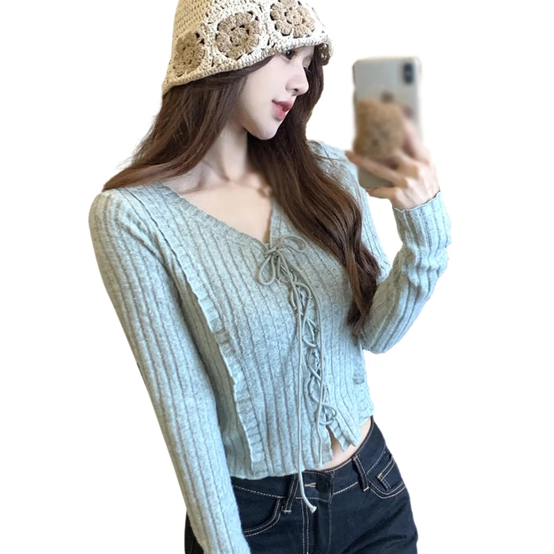 Long Sleeve Slimming Knitted Top Soft Supple  V-Neck Cropped Top Women Age-Reducing Slimming Pullovers Direct  Manufactur