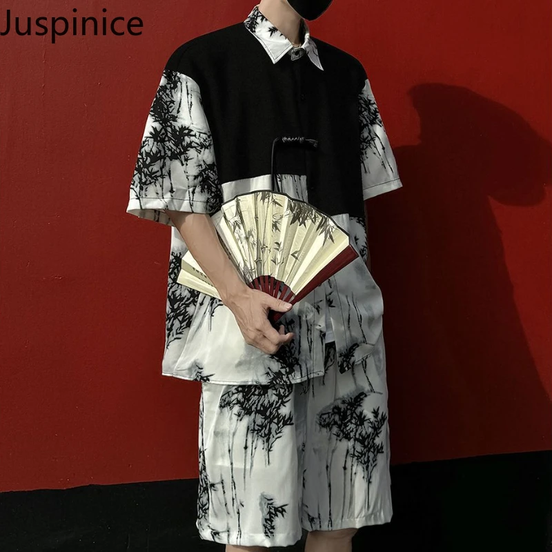 

Summer Chinese Style Patchwork Shirt Shorts Suit Men's Loose Oversize Handsome Casual Short-sleeved Shirts Five-quarter Pants