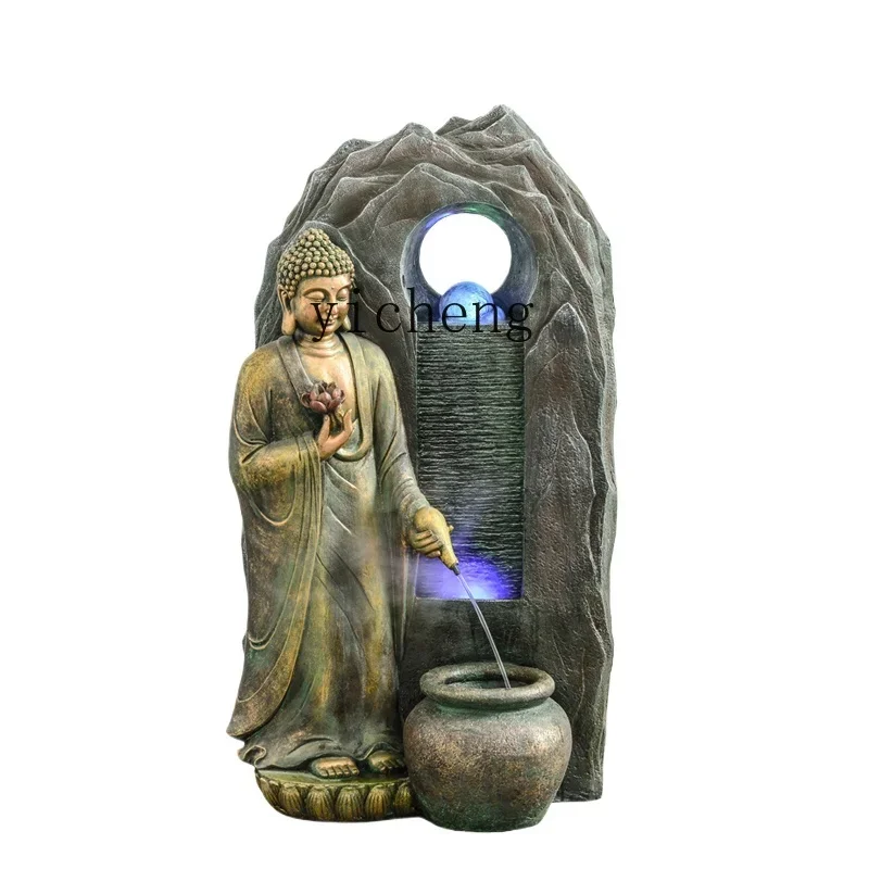 

TQH Buddha statue lucky ornament flowing water fountain living room home office entrance landscape decoration