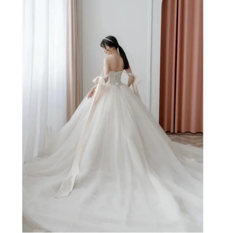 

Simple Luxury Wedding Dresses Classic Strapless Tulle Sukienka Na Wesele With Sweet Bow Princess Robe De Mariee Customized