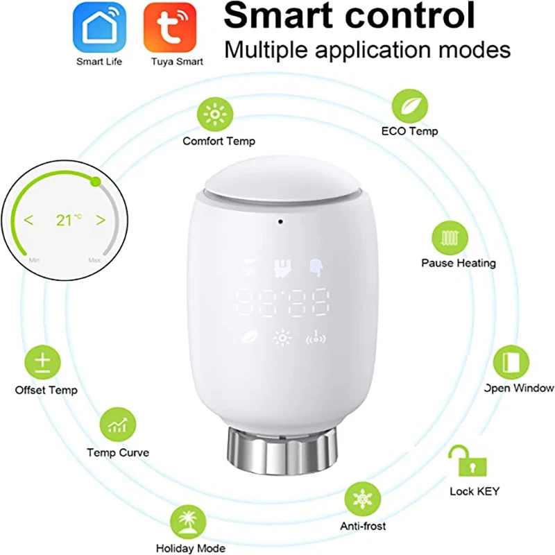 Smart Thermostatic Valve Head Radiator Tuya Wifi TRV Programmable Digital Temperature Controller Alexa Google Home Voice Control