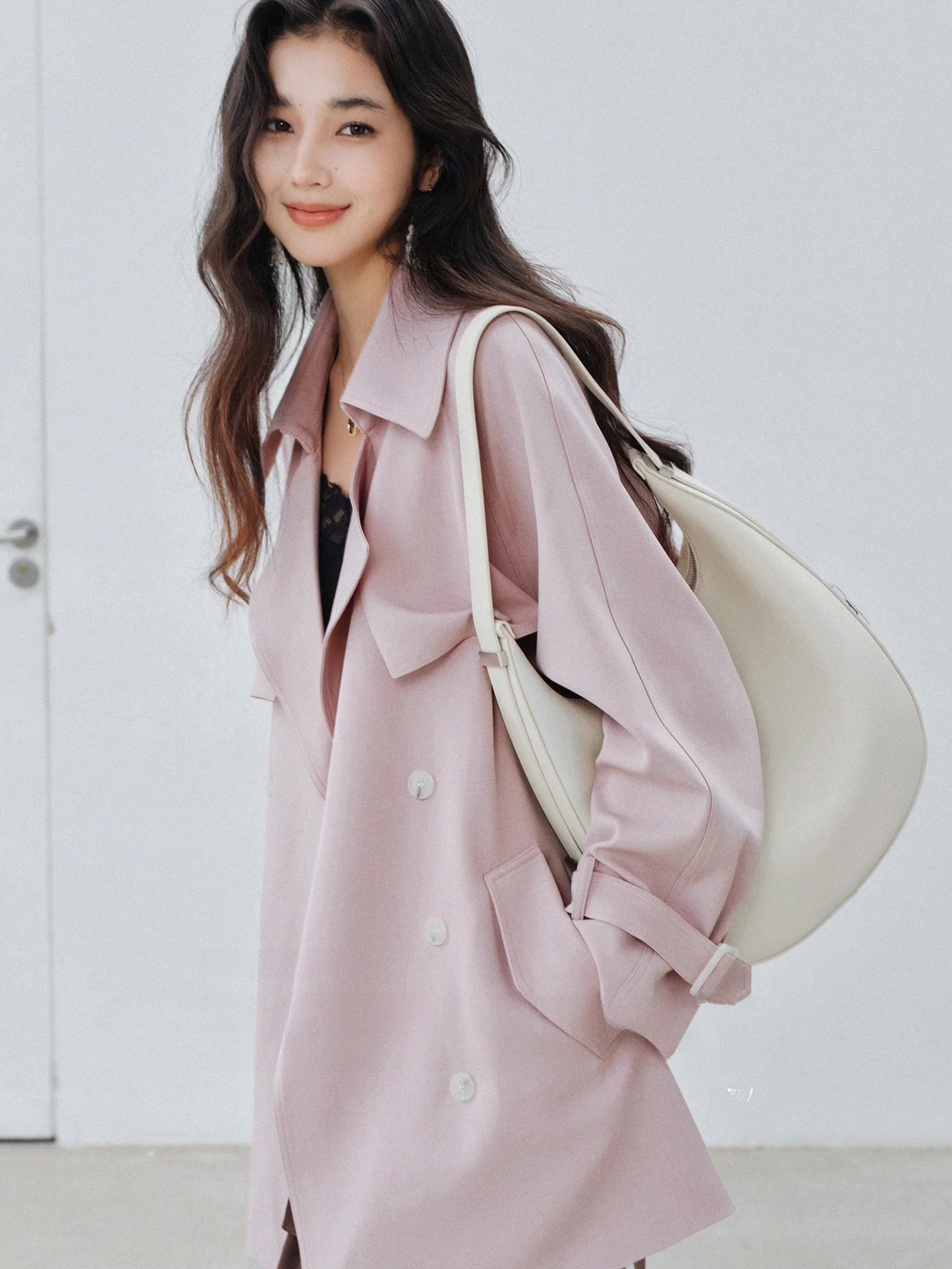 

bunny Retro Lapel ort Coat Casual Double Buttoned Belted Women's Jaet Korean Sle Loose Fit Polyester Fiber