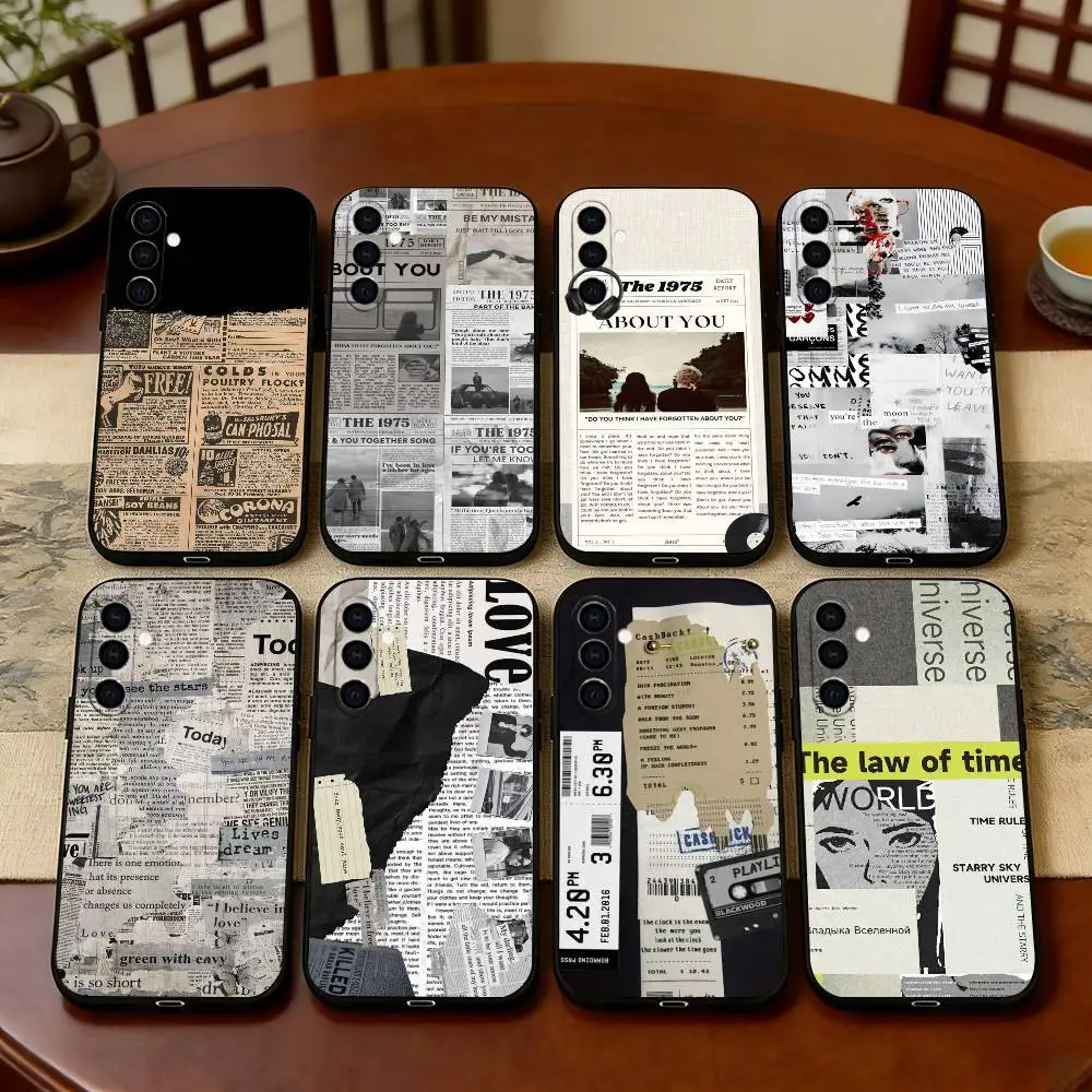 Vintage Newspaper Print Phone Case Black Silicone Soft For Samsung Galaxy A73,A72,A71,A70,A53,A52,A51