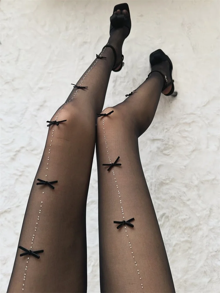 

Sweet Rhinestone Bow Sheer Tights Women Thin Nylon Anti-Catch Thigh-High Stockings Y2K Style Crystal Pantyhose