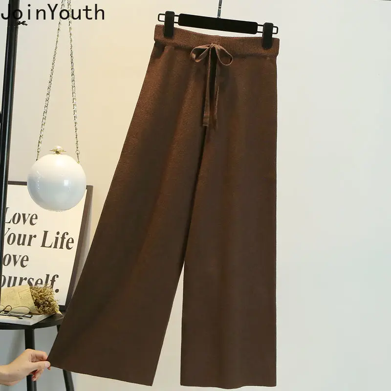 Gebreide Wijde Pijpen Broek Voor Vrouwen Effen Kleur Hoge Taille Pantalon Femme Casual Mode Koreaanse Rechte Broek 2024 Nieuwe Bodems