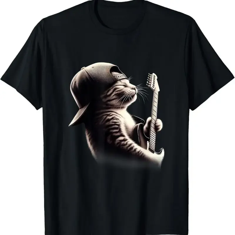 

Rock Guitar Playing Cat Wearing Backward Cap Graphic Cotton T Shirt Cool Gift Tee