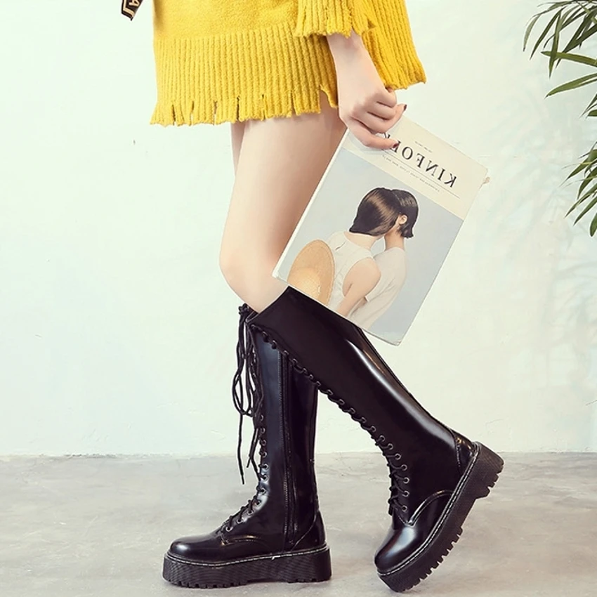 Winter Plus Size Shoes Women Lace Up Patent Leather Knee High Boots Female Round Toe Platform Pumps Casual Shoes Big Size Shoes