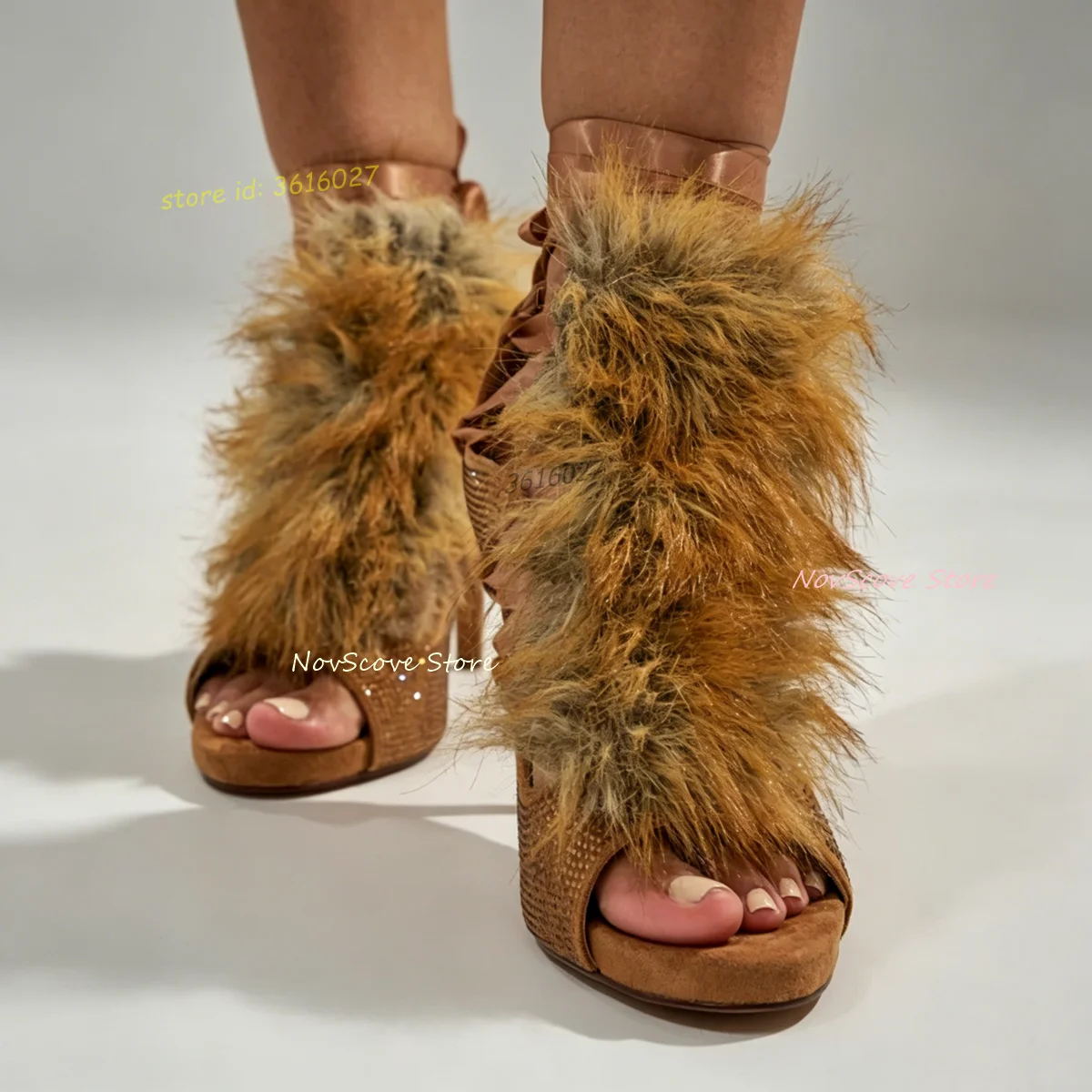 

Brown Open Toe Furry Sandals Rhinestone Upper Lace Up Faux Fur Stiletto High Heels Sandals Cutouts Sexy Women Summer Party Shoes