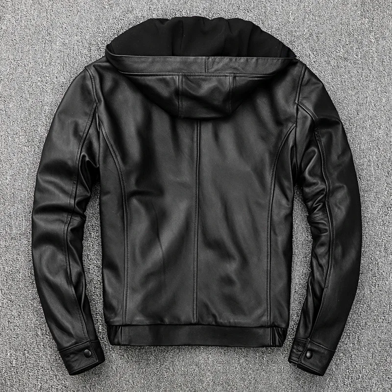 Men's Hooded Leather Jacket 100% Genuine Sheepskin Motorcycle Black Coat Male Hoodies Clothes Spring Hat Leather Jacket Men