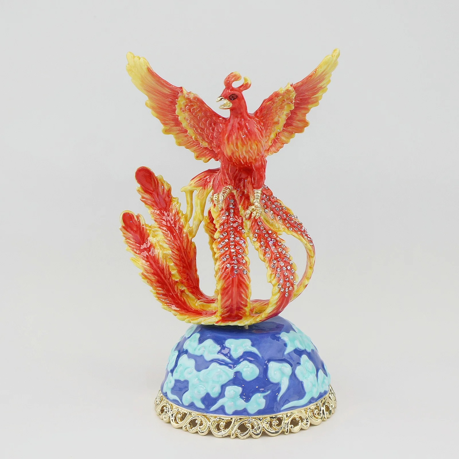 SHINNYGIFTS Phoenix Reborn From Ashes Music Box Plays Castle in the Sky, Enamel Metal Crystal StuddedOrnament Decor