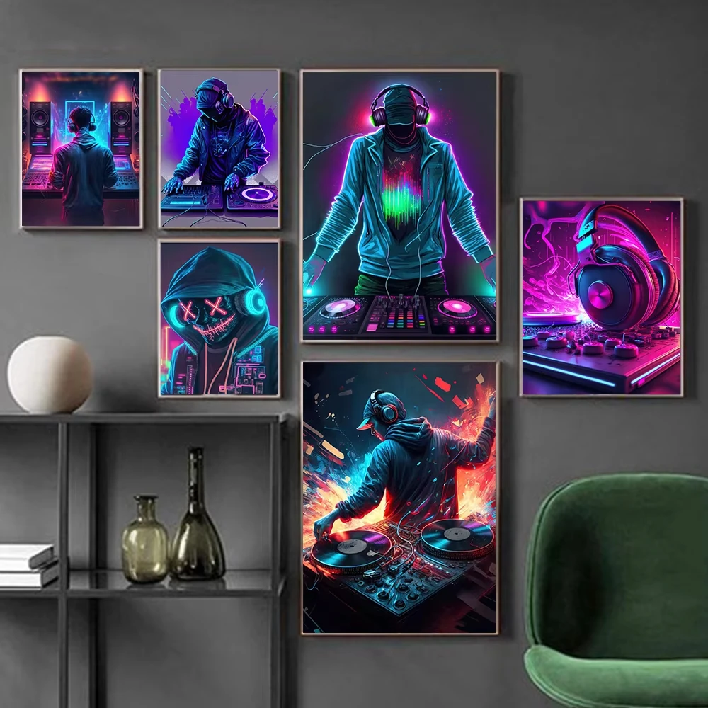 Neon Art Cool Music DJ With Headphone Poster Prints For Living Room Home Decor Cyberpun Mask Man Canvas Painting Wall Art NO LED