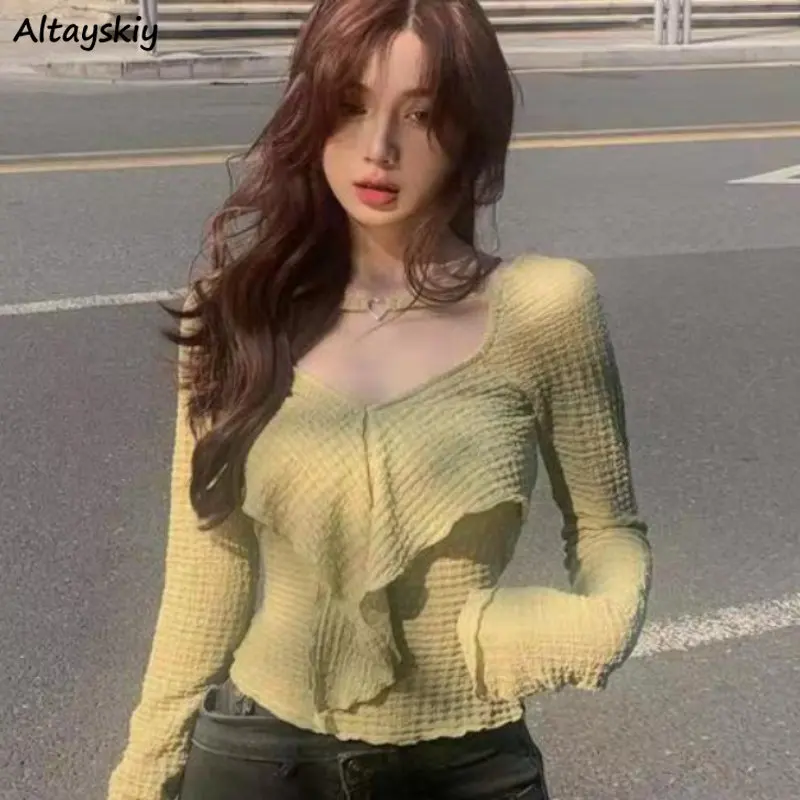 T-shirt Donna Slim Ruffles Chic Hotsweet Tenero Nuovo arrivo Solid Crop Top Stile coreano Sexy All-match Casual College Girls