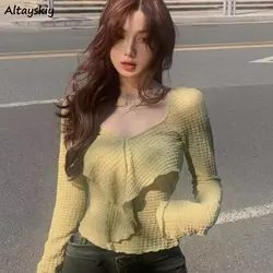 T-shirty damskie Slim Ruffles Chic Hotsweet Tender New Arrival Solid Crop Tops Korean Style Sexy All-match Casual College Girls