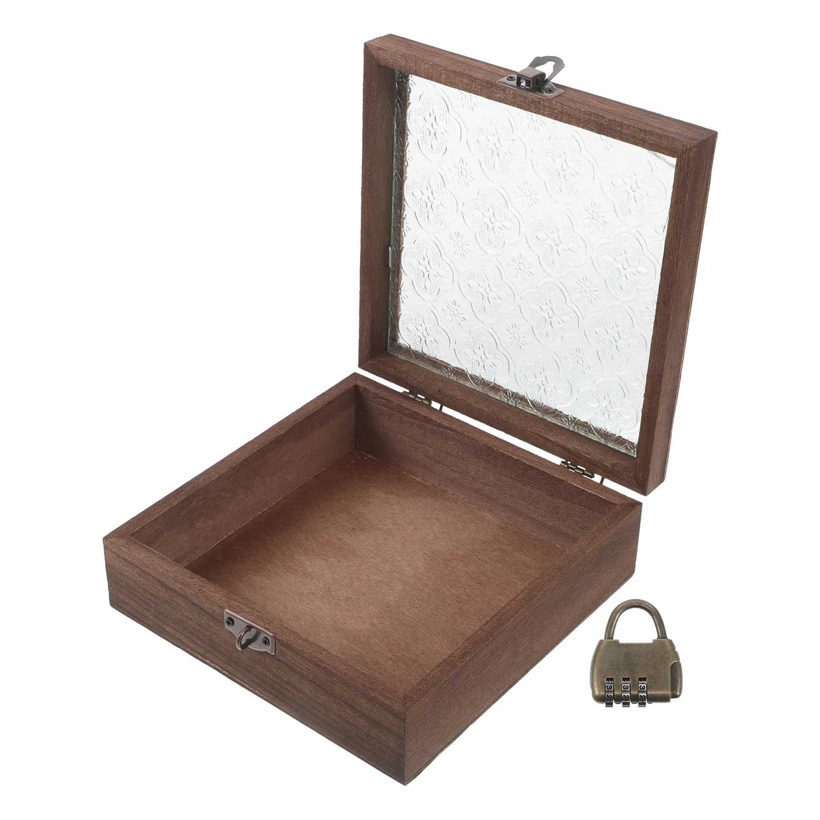 

Wooden Jewelry Box Vintage Glass Lid Square Storage Treasure Case for Rings Earrings Necklaces Retro Display Organizer