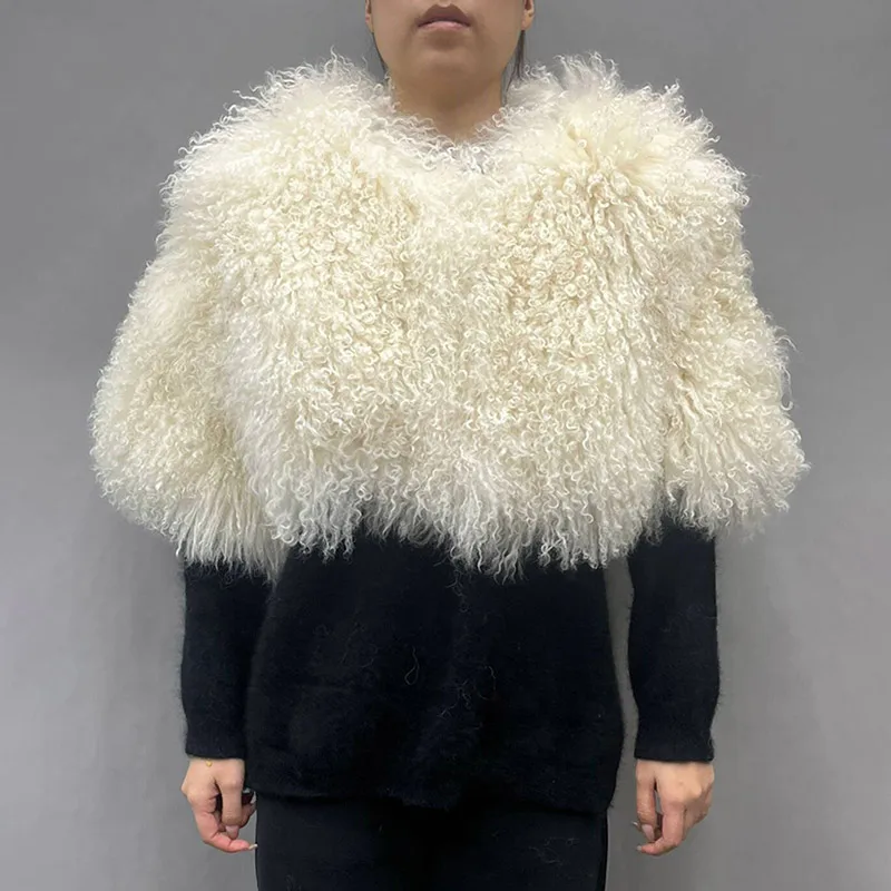 Real Mongolian Sheep Wool Shawl Elegant Women Wedding Jacket White Fur Bridal Shawl Wraps Cape Evening Party Cloak