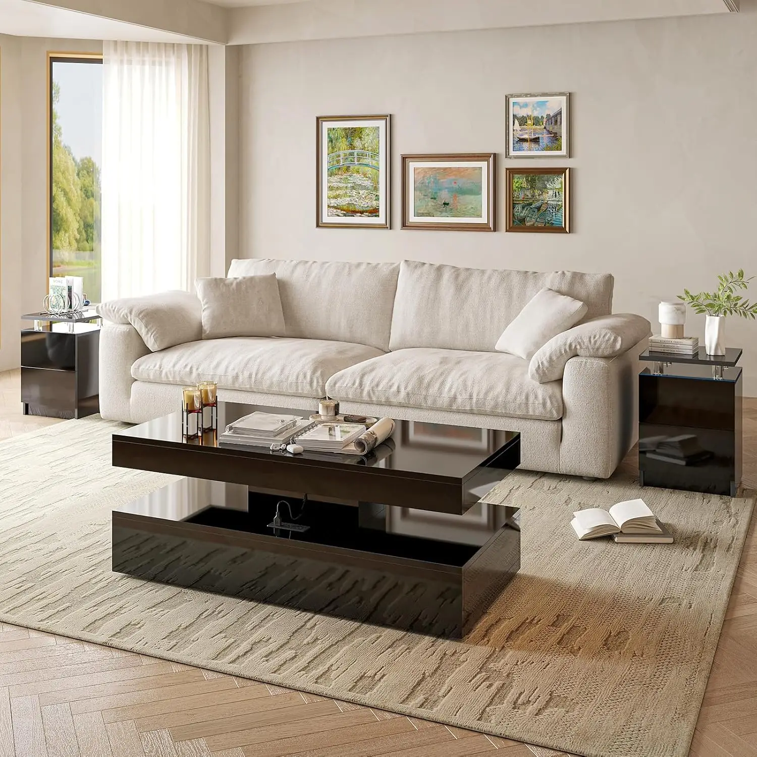 

3-Piece Modern Living Room Table Set, Includes LED Coffee Table and End Tables Set of 2 with Storage Drawers, Black