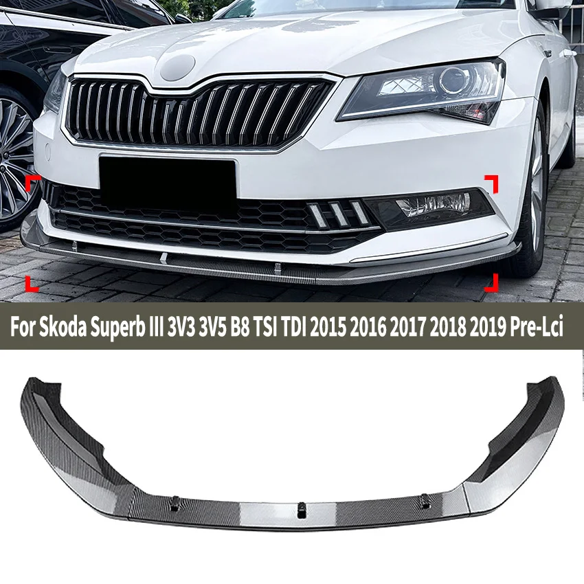 For Skoda Superb III 3V3 3V5 B8 TSI TDI 2015 2016 2017 2018 2019 Pre-Lci Car Front Bumper Lip Spoiler Guard Body Kit Carbon Look