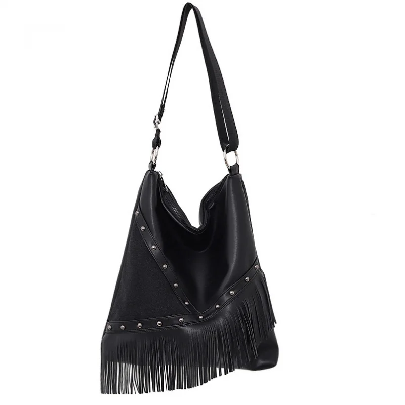 

Autumn and Winter Tassel Wide Shoulder Strap Crossbody Bag with Rivets, Large Capacity Trendy Bag