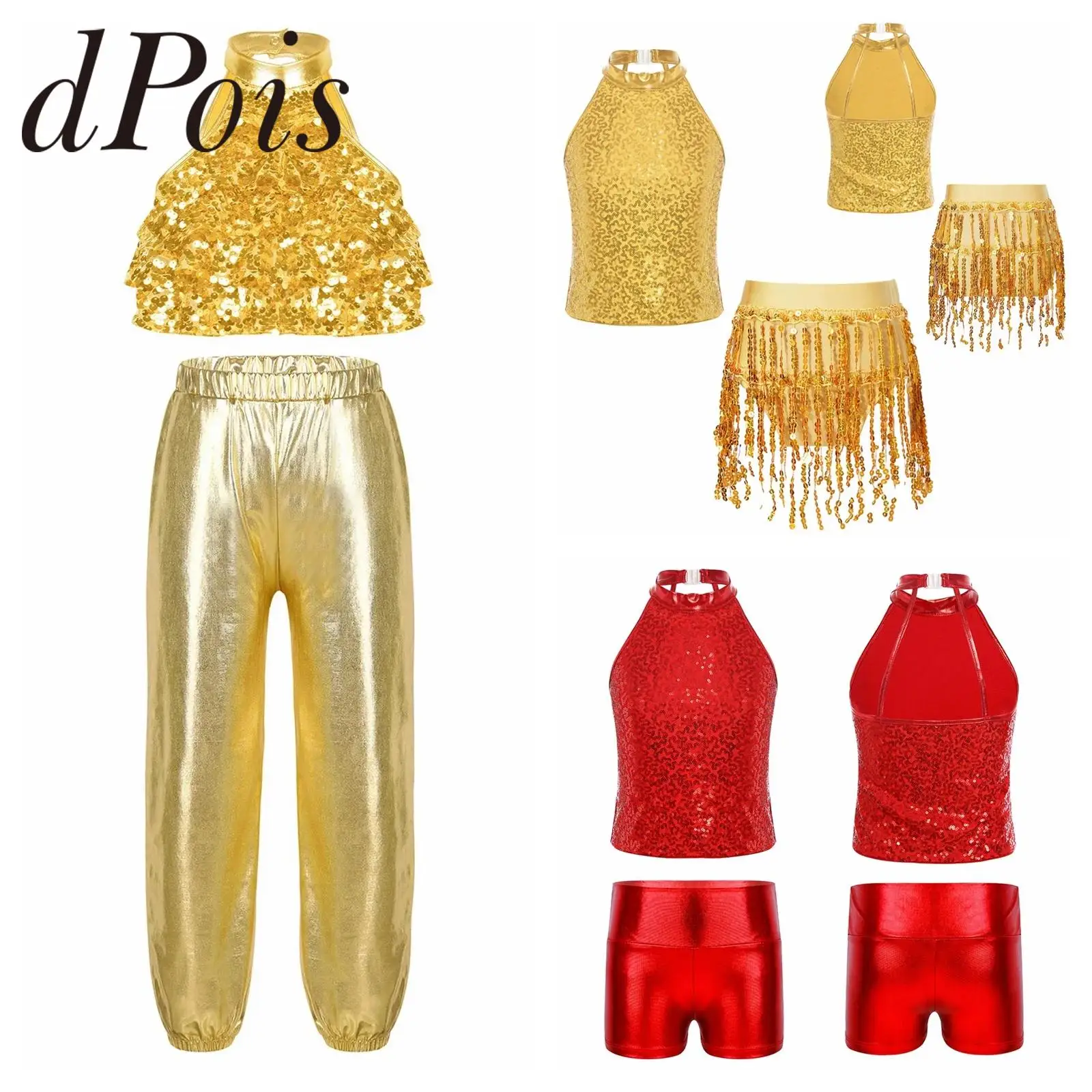 

Children Hip Hop Clothes Sets Performance Clothing Kids Dancewear Set Girls Sequins Jazz Dance Outfits Metallic Glittery Costume