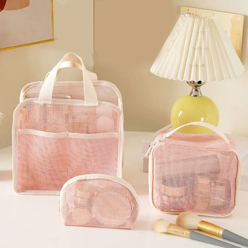 Large Mesh Makeup Bag for Women Portable Breathable Cosmetic Organizer Bag Travel Makeup Pouch with Simple Design