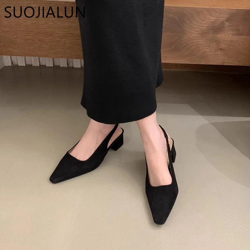 SUOJIALUN 2024 Spring New Sandal Shoes Fashion Shallow Slip On Ladies Slingback Shoes Squaew Low Heel Outdoor Dress Mules Pumps