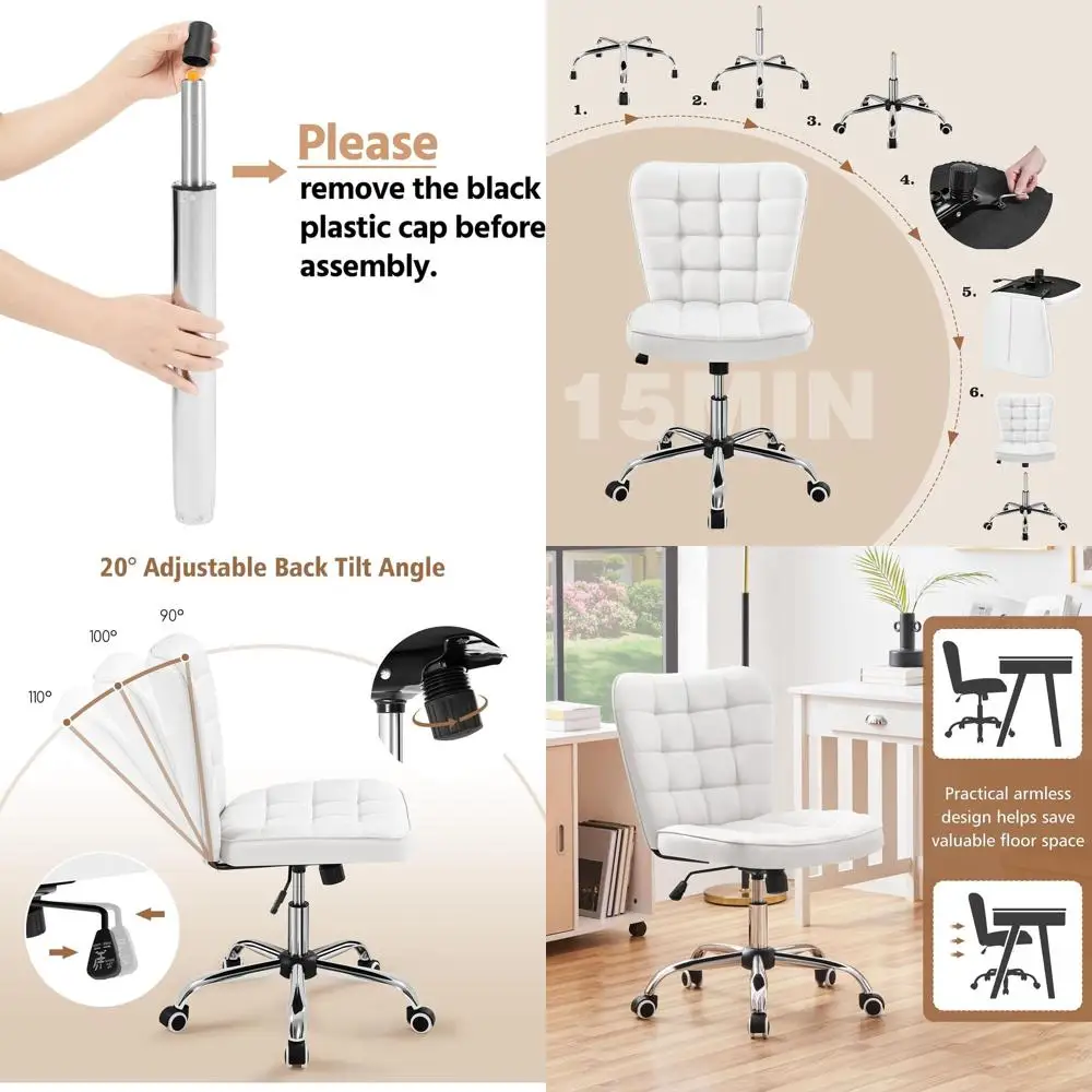 

Armless Desk Chair Modern Tufted Office Chair Faux Leather Upholstered Computer Chair with Adjustable Seat Height and Rolling Wh