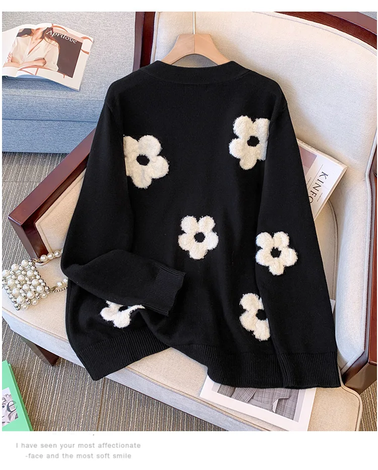 Plus Size Women\'s Bust 150 Autumn Winter Loose Contrasting Black And White Floral V-Neck Knit Cardigan 5XL 6XL 7XL 8XL 9XL 135kg