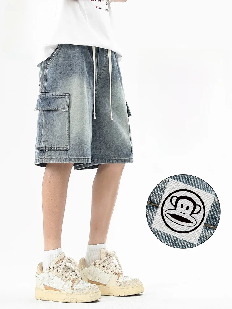 

Мужские джинсовые шорты Paul Frank American Workwear: летние, винтажные, с эффектом потертости, с множеством карманов, длиной до колена, свободного прямого кроя