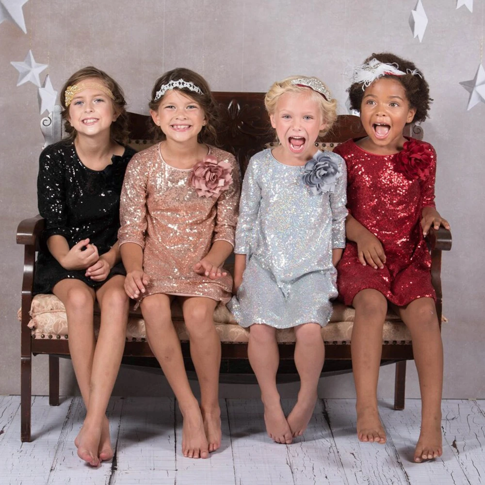 Sequined Flower Girl Dresses Simple O-Neck Above Knee Three Quarter Sleeve Perfect Holiday Christmas   Jessica 