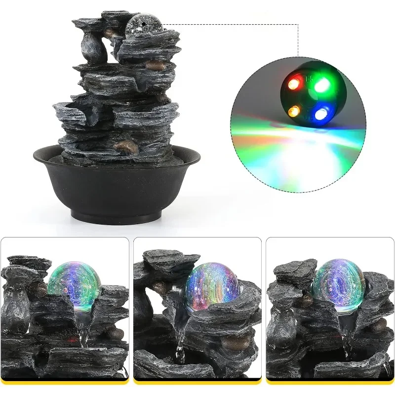 Tabletop Water Fountain Indoor Waterfalls Fountains with Colored LED Light Decorative Feng Shui Tabletop Fountain