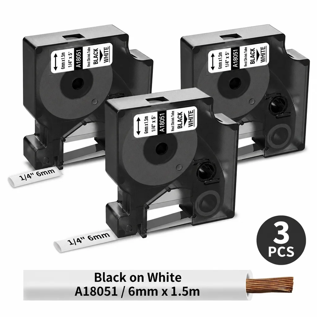 3 Rolls 6-24mm Heat Shrink Tubing Label Cartridge 18051 18052 18053 18054, Industrial Cable Identification Tape for DYMO Rhino
