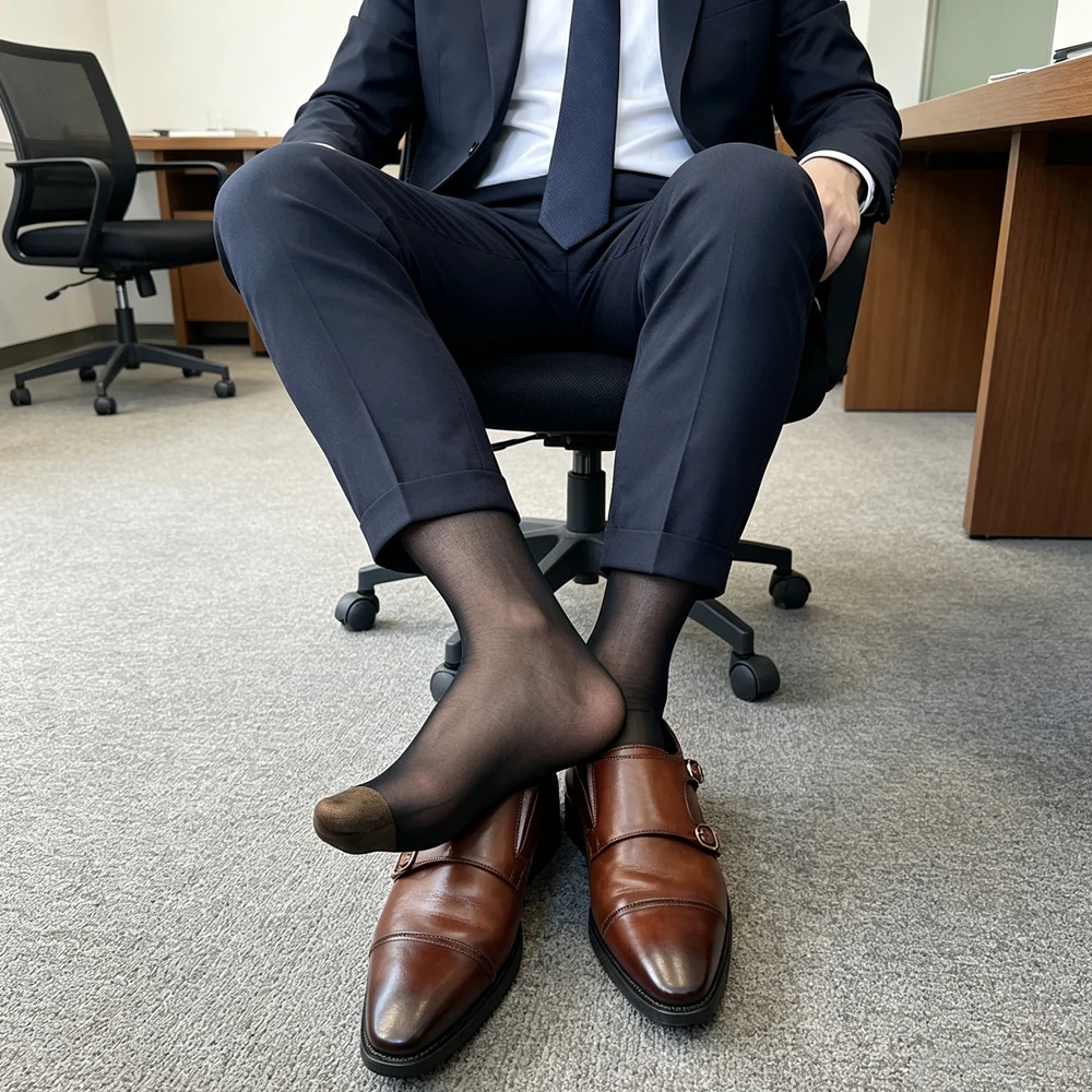 Men's Thin Sheer Ribbed Mid-Calf Formal Socks for Business Office Wedding Breathable Leather Shoes Suitable Mid-Calf Socks