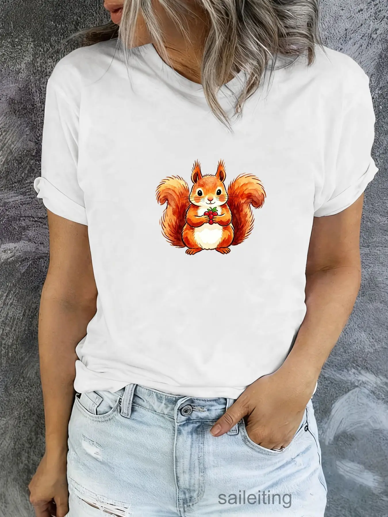Cute Red Squirrel Cartoon T-Shirt Women Men - Soft Watercolor Graphic Tee, Casual Rolled Sleeve Short Sleeve Top, Funny Anima