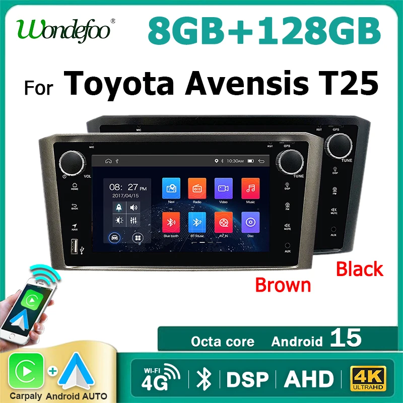 Autoradio Android 15 7'' avec CarPlay sans fil pour Toyota Avensis T25 2002-2008, Android AUTO, Stéréo Bluetooth, Lecteur Multimédia 2 DIN