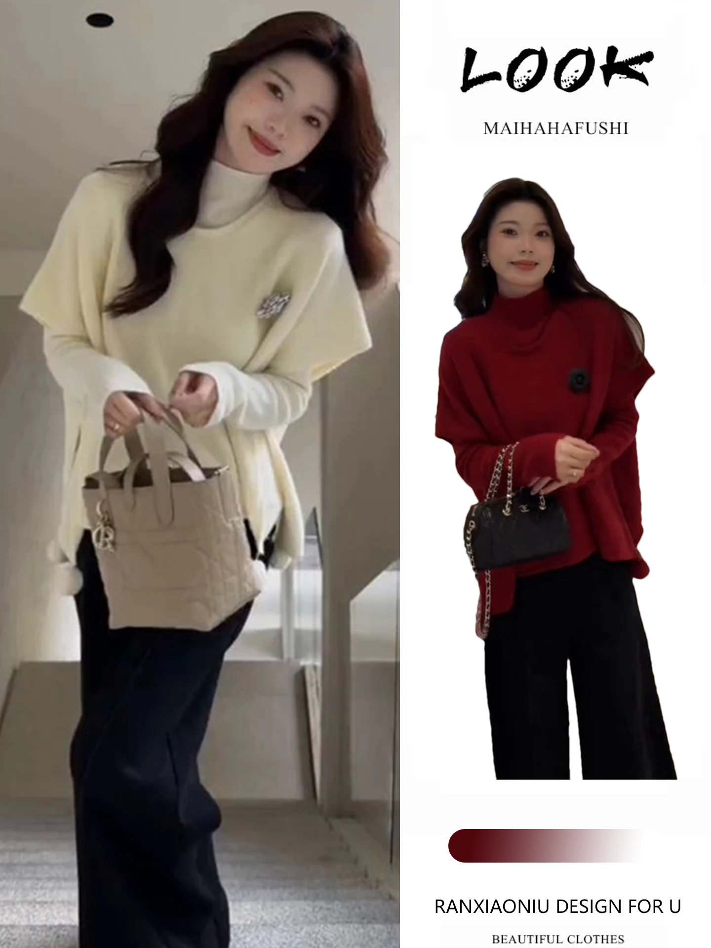 

Sli Winter Faion Set for Women High Collar Knitted Sweater oulder awl Casual Pants New Year's Ensemble High Waist