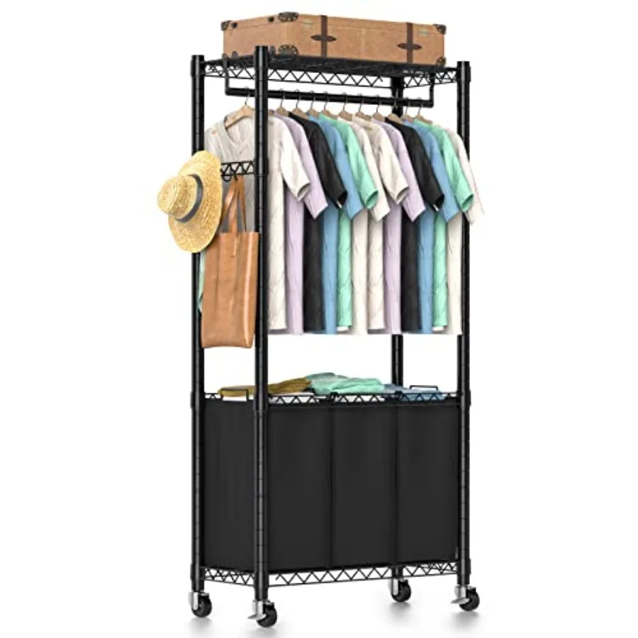 

Rolling Laundry Basket Organizer with Wheels and Hanging Bar Laundry Hamper Cart Laundry Sorter 3 Section Dirty Clothes Hampers