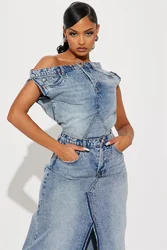 Denim Dress Sets For Two Piece Set Summer Clothes Women 2024 Off Shoulder Crop Top and Skirt Sets Jean 2 Piece Sets Women Outfit