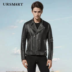 High quality Classic genuine leather moto men's jacket fashionable trend, rivet decoration short sheepskin custom Coats