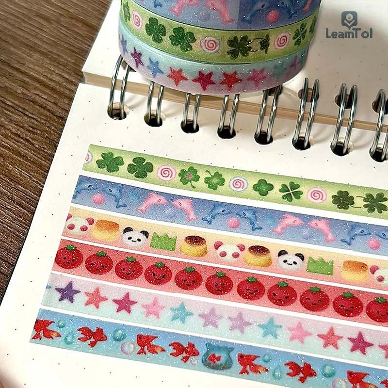 2Pcs Cute Waterproof Tape Kawaii Four-leaf Clover Masking Tape With Sand-Coated Shimmer Film DIY Diary Album Decoration Stickers