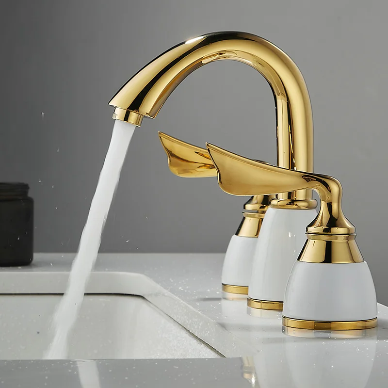 

European-style golden washbasin faucet hot and cold double handle three-hole split washbasin light luxury simple brass