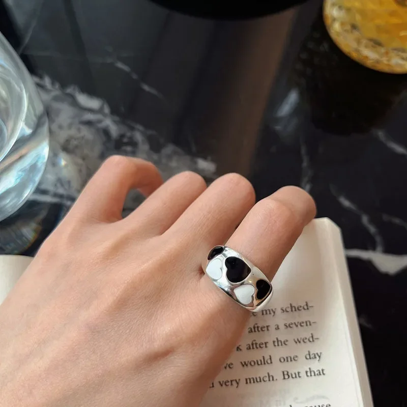 Minimalist Fashion Silver Rings for Women Black White Heart Simple Adjustable Finger Rings Trendy Jewelry Band Female Bijoux