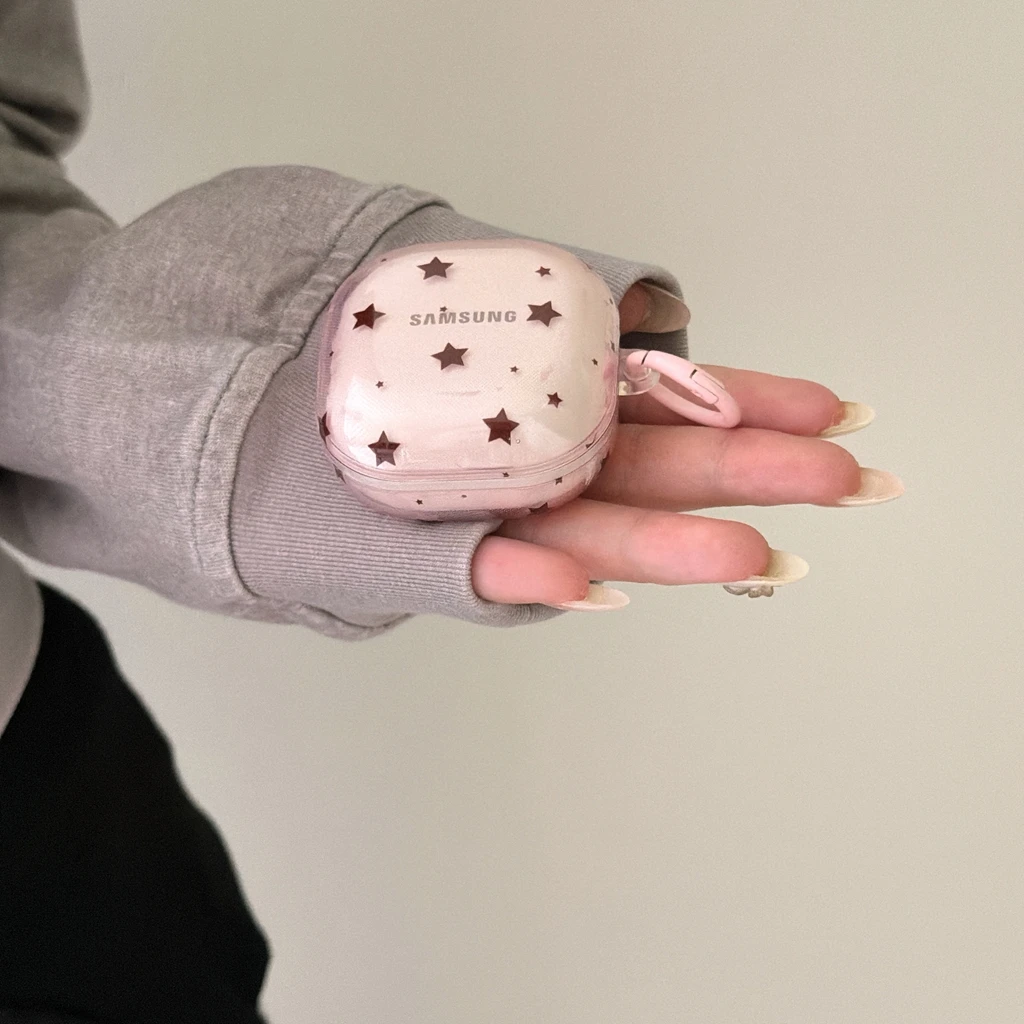 Einfache Rosa Transparente Polka Dot Sterne mit Haken Kopfhörer-Schutzhülle für Samsung Galaxy Buds 4 Pro 3 Pro 2 Pro FE Live Core