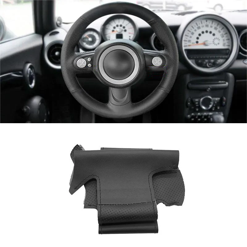 For Mini R56 R57 Hatchback Clubman Convertible Coupe Roadster 3-Spoke Hand Stitched Car Steering Wheel Leather Cover Trim Black