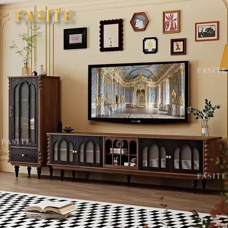 French Retro Solid Wood TV Stand American Medieval Style Living Room Floor Cabinet Coffee Table Combo Wall Storage Unit